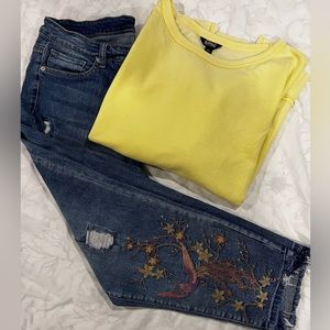 Terra sky jeans with embroidery and Buffalo bright yellow sweatshirt